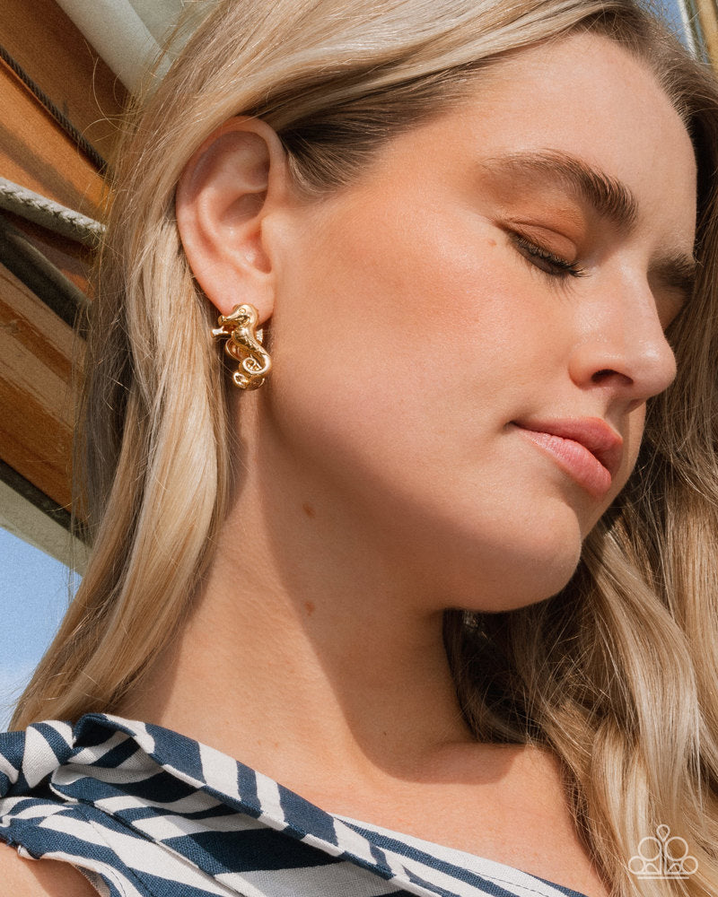 Sea Horse Statement Gold Hinge Hoops